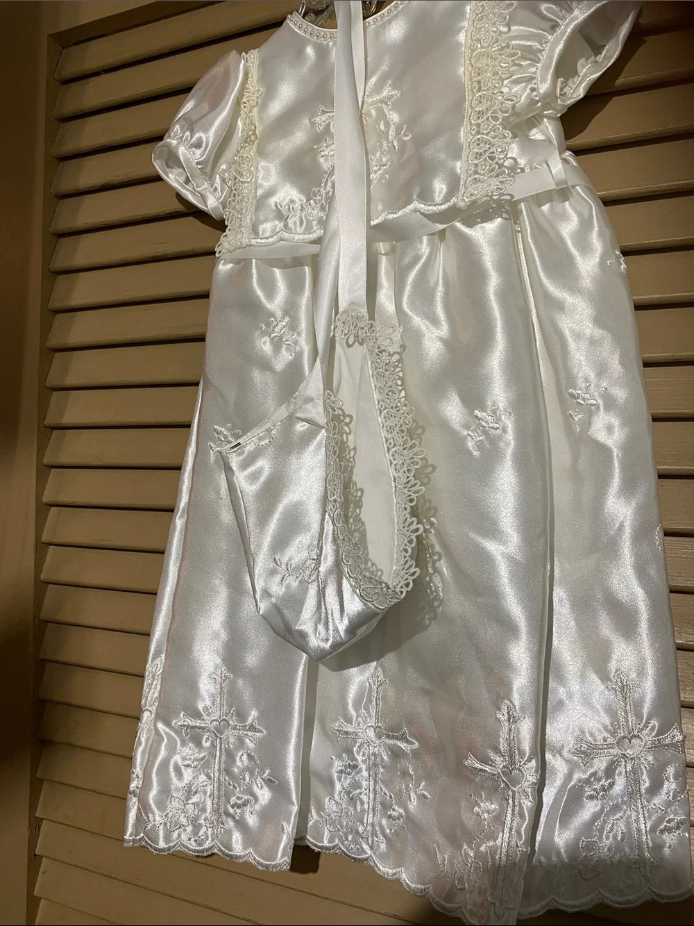 Ivory Satin  Girl Dress with Lace Trim and hat